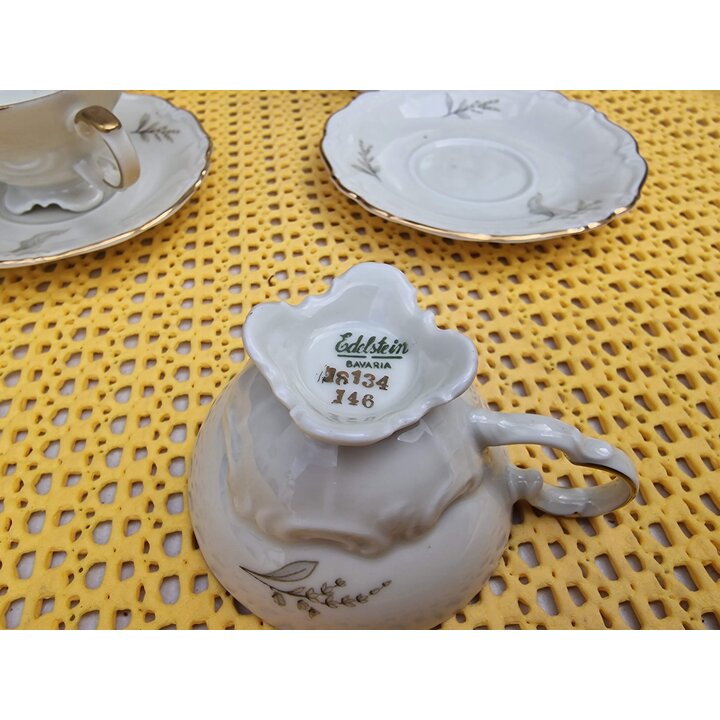 Koffieservies Solitaire Edelstein Bavaria - Vintage Duits Porselein Tete-a-Tete Set met Goudrand en Bloemen, 5-Delig Servies 197