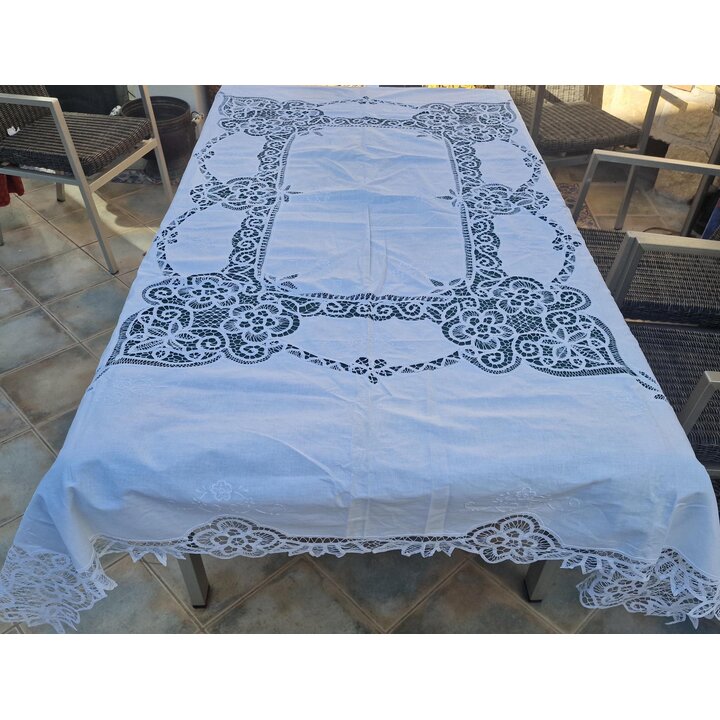Nappe en Lin Vintage, Couvre-Table en Dentelle, Broderie Main, Dentelle Style Renaissance Cantu, Tissu Blanc Rectangulaire, Sall