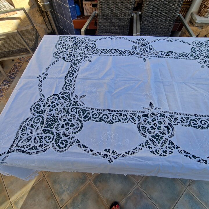 Nappe en Lin Vintage, Couvre-Table en Dentelle, Broderie Main, Dentelle Style Renaissance Cantu, Tissu Blanc Rectangulaire, Sall