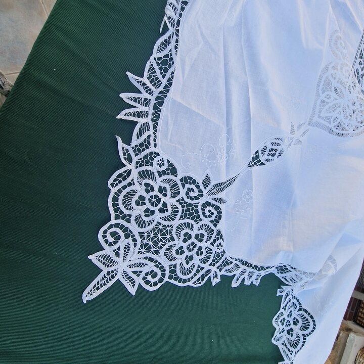 Nappe en Lin Vintage, Couvre-Table en Dentelle, Broderie Main, Dentelle Style Renaissance Cantu, Tissu Blanc Rectangulaire, Sall