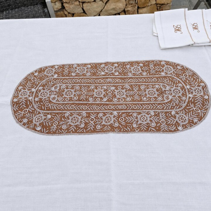 Art Deco Linen Tablecloth Set, Embroidered Table Cover with 12 Monogram Napkins, Custom Barcelona Atelier, Early 20th Century