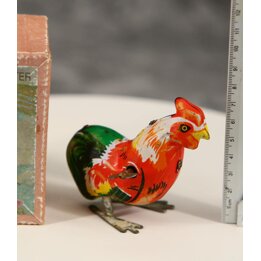 Vintage Japanese Clockwork Tin Toy Rooster with Original Box 1950s