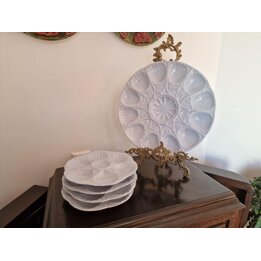 Vajilla de Ostras Platos de Marisco Sarreguemines Francia Azul Barbotina 5 Piezas Modelo 2209 Cerámica Francesa Mid Century