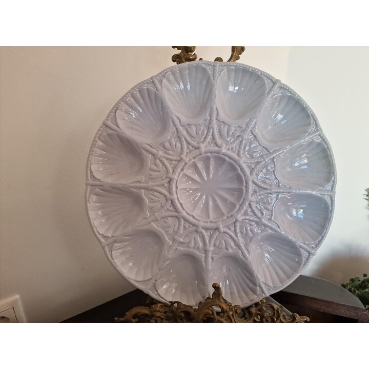 Vajilla de Ostras Platos de Marisco Sarreguemines Francia Azul Barbotina 5 Piezas Modelo 2209 Cerámica Francesa Mid Century