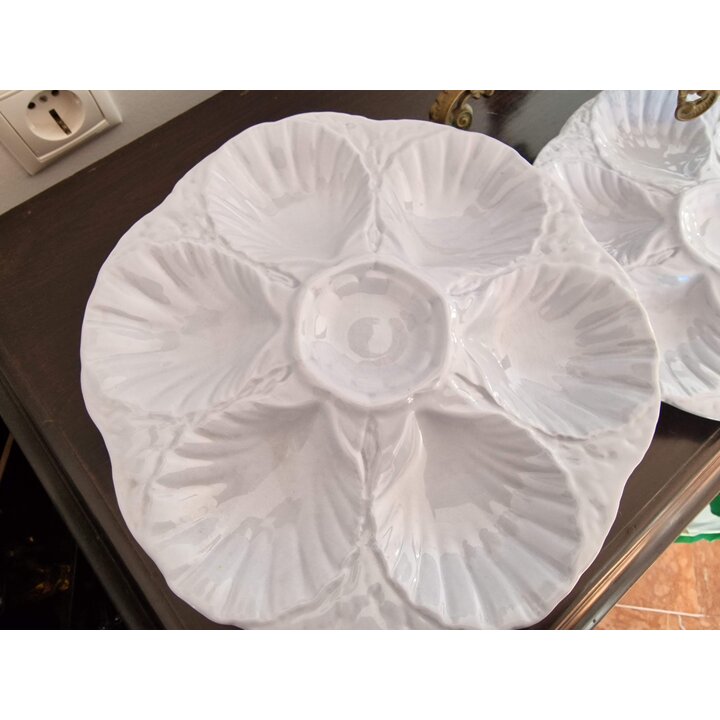 Servizio da Ostriche Piatti di Mare Sarreguemines Francia Celeste Barbotine 5 Pezzi Modello 2209 Ceramica Vintage Francese