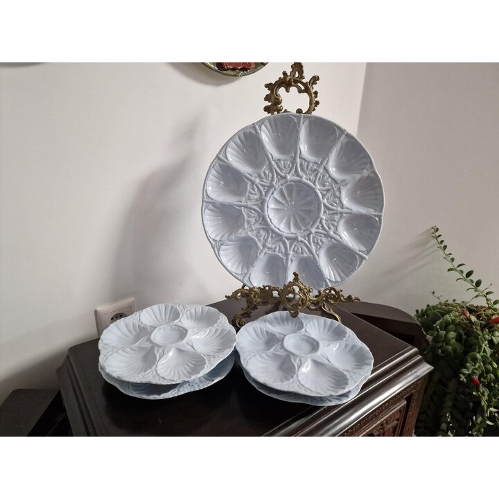 Vajilla de Ostras Platos de Marisco Sarreguemines Francia Azul Barbotina 5 Piezas Modelo 2209 Cerámica Francesa Mid Century