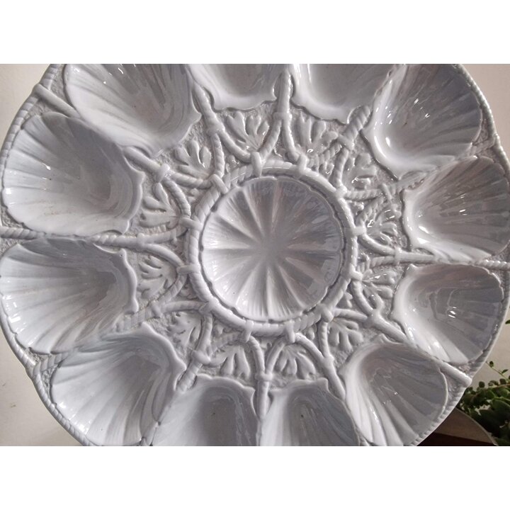 Vajilla de Ostras Platos de Marisco Sarreguemines Francia Azul Barbotina 5 Piezas Modelo 2209 Cerámica Francesa Mid Century