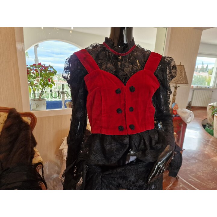 Corpino Tradizionale Vintage, Camicia Jubon in Velluto Rosso e Pizzo Nero, Costume Regionale Mid Century, Taglia S M