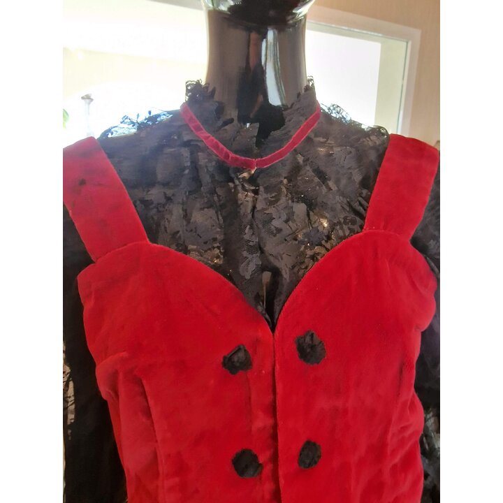 Vintage Folk Bodice Blouse, Velvet Corpiño Regional Costume Top, Mid Century Red and Black Lace Jubon, Size S M