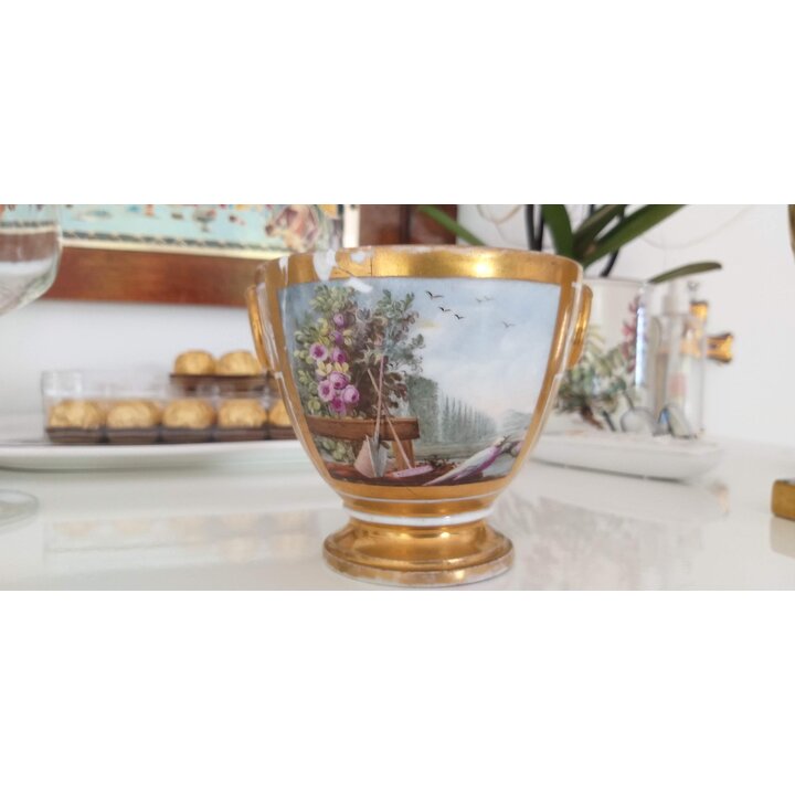 Antique Empire Porcelain Cup and Small Urn, Vieux Paris Hand Painted Garden Scenes, Early 19th Century, For Restoration