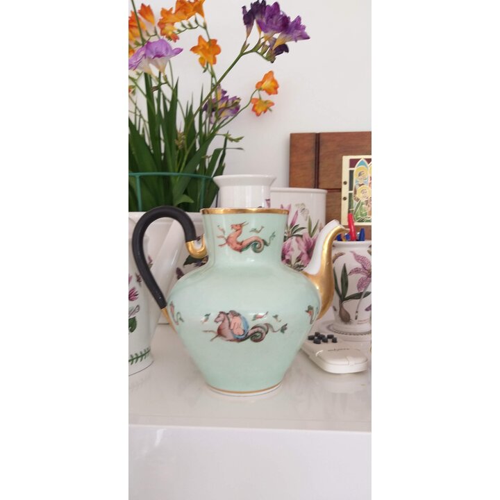 Theiere Ancienne en Porcelaine Empire, Vieux Paris, Creatures Marines Mythologiques, Vert Or, Sans Couvercle, A Restaurer, XIXe 