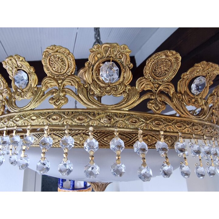 Lustre Coroa Vintage em Latão e Cristal, Estilo Hollywood Regency, Espanha Anos 60