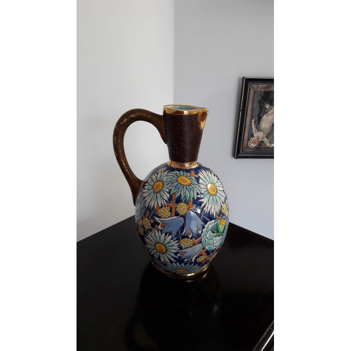Jarra Cerámica Art Deco, Jarrón Florero Boch La Louviere Raymond Chevallier Cobalto, Bélgica Vintage 1925, Modelo 321, Alto 28cm