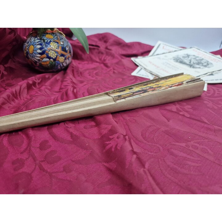 Fächer Vintage Spanien, Spanischer Handfächer Stierkampf, Holz und bedrucktes Papier, Dekofächer Corrida Souvenir Mid-Century