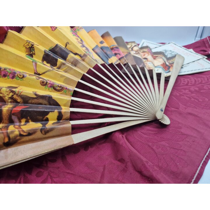 Fächer Vintage Spanien, Spanischer Handfächer Stierkampf, Holz und bedrucktes Papier, Dekofächer Corrida Souvenir Mid-Century