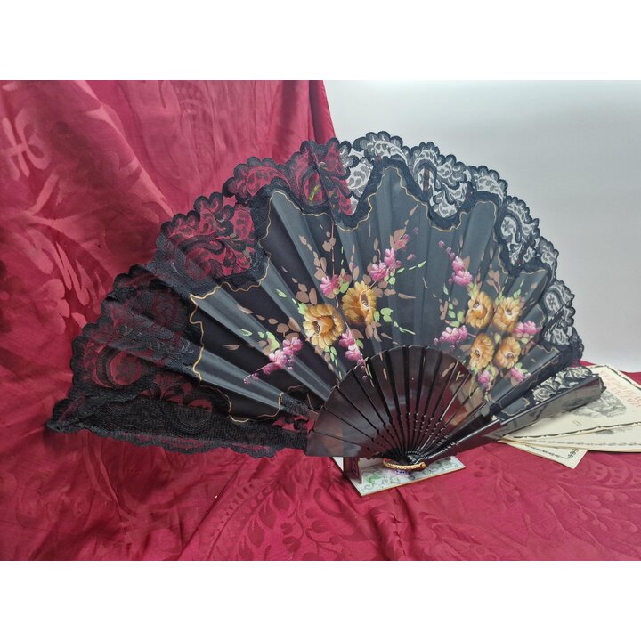Ventaglio spagnolo vintage, Ventaglio pieghevole dipinto a mano con pizzo nero, accessorio tradizionale danza flamenco sposa, 31