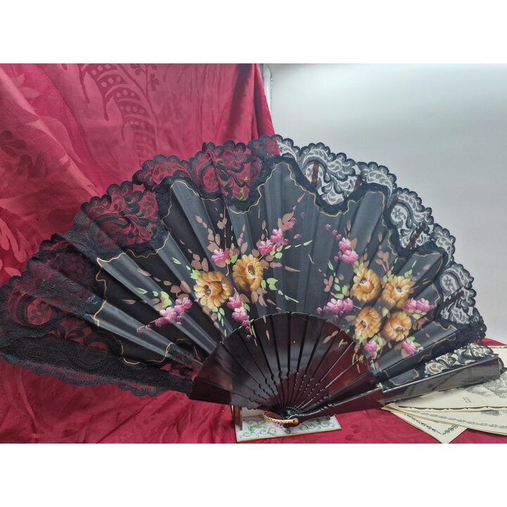 Eventail espagnol vintage, Eventail pliant peint a la main avec dentelle noire, accessoire traditionnel danse flamenco mariage, 