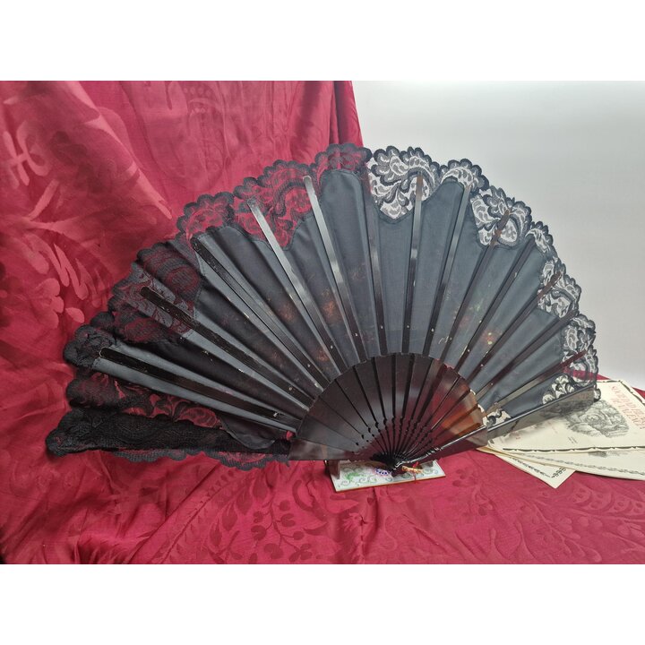 Eventail espagnol vintage, Eventail pliant peint a la main avec dentelle noire, accessoire traditionnel danse flamenco mariage, 