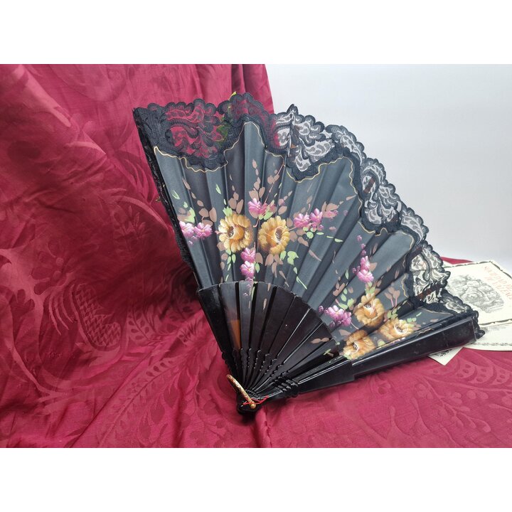 Leque espanhol vintage, Leque dobravel pintado a mao com renda preta, acessorio tradicional danca flamenco casamento, 31 cm