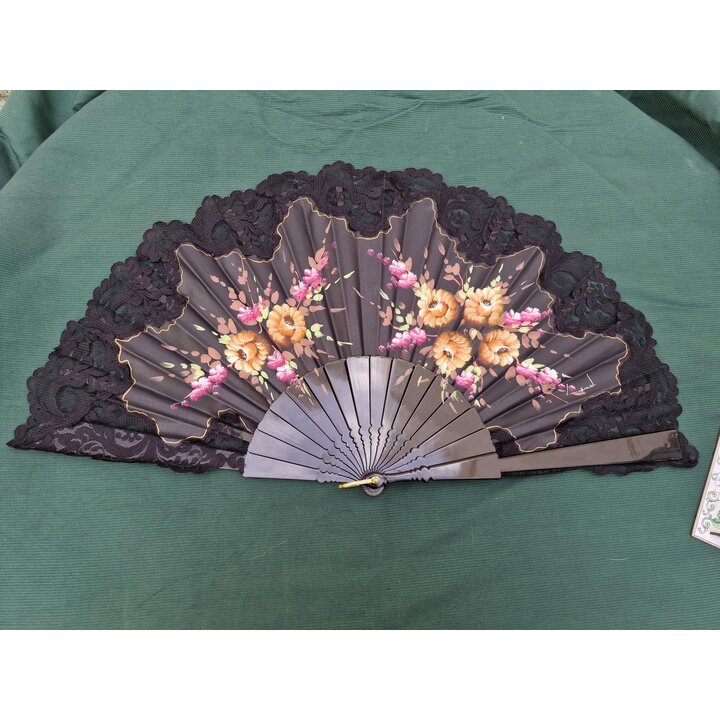 Eventail espagnol vintage, Eventail pliant peint a la main avec dentelle noire, accessoire traditionnel danse flamenco mariage, 