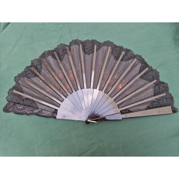 Eventail espagnol vintage, Eventail pliant peint a la main avec dentelle noire, accessoire traditionnel danse flamenco mariage, 