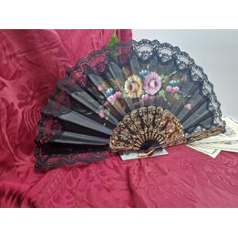 Spanischer Vintage Fächer, Handfächer mit Spitze, Handbemalte Blumen auf Schildpattimitat mit Golddekor, Hochzeit, Flamenco Zube