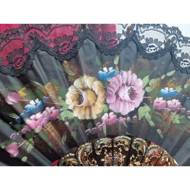 Vintage Spaanse Waaier, Handwaaier met Kant en Handgeschilderde Bloemen op Faux Schildpad, Goudkleurige Details, Bruiloft, Flame