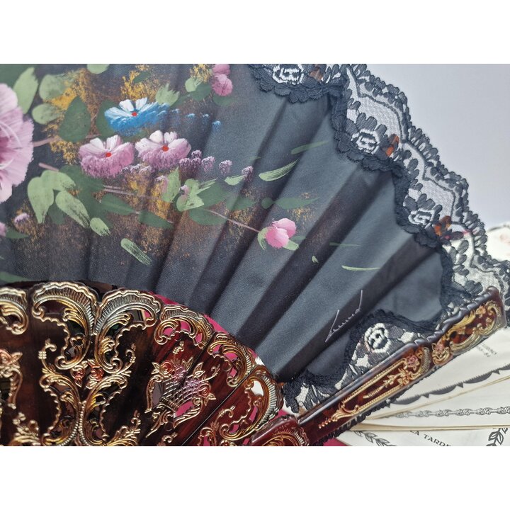 Vintage Spaanse Waaier, Handwaaier met Kant en Handgeschilderde Bloemen op Faux Schildpad, Goudkleurige Details, Bruiloft, Flame