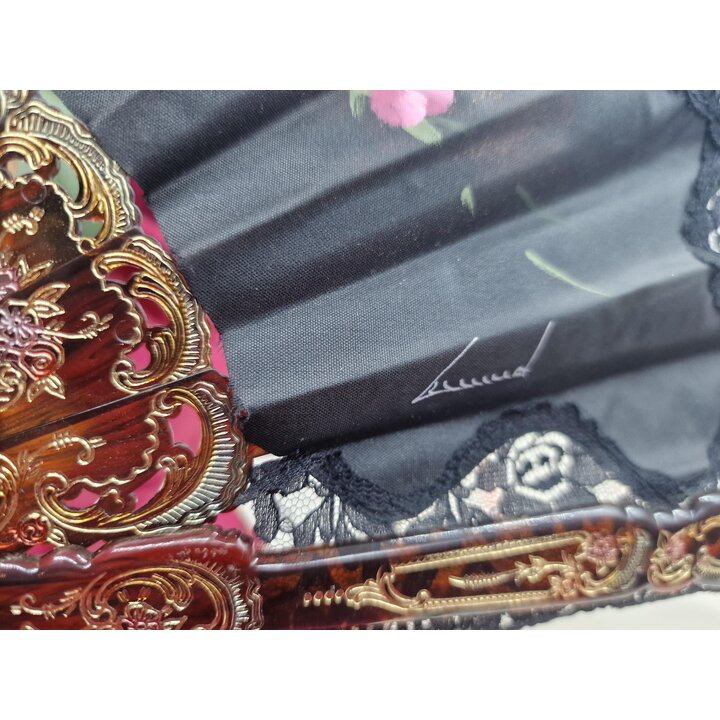 Abanico Español Antiguo, Varillaje Símil Carey y Encaje de Tela Pintada a Mano con Flores y Dorados, Eventos, Boda, Baile Flamen