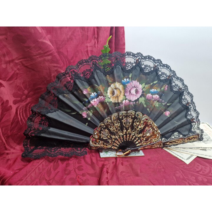 Abanico Español Antiguo, Varillaje Símil Carey y Encaje de Tela Pintada a Mano con Flores y Dorados, Eventos, Boda, Baile Flamen
