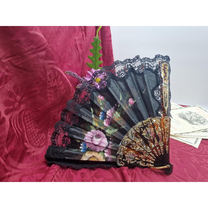 ビンテージ スペイン 扇子 レース アバニコ 手描き 花柄 べっ甲風 骨 金彩 フラメンコ ダンス ウエディング 浴衣 和装 伝統工芸 25 cm