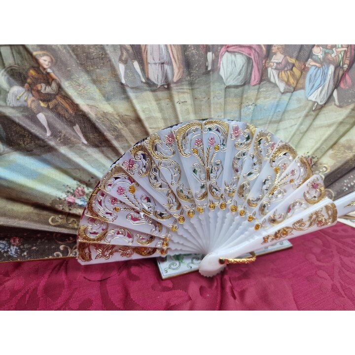 Wachlarz Hiszpański Vintage, Wachlarz Składany, Lata 1960, Dwustronny Bawełna, Sygnowany Diego i Moretti, Ażurowe Pióra, 23 cm