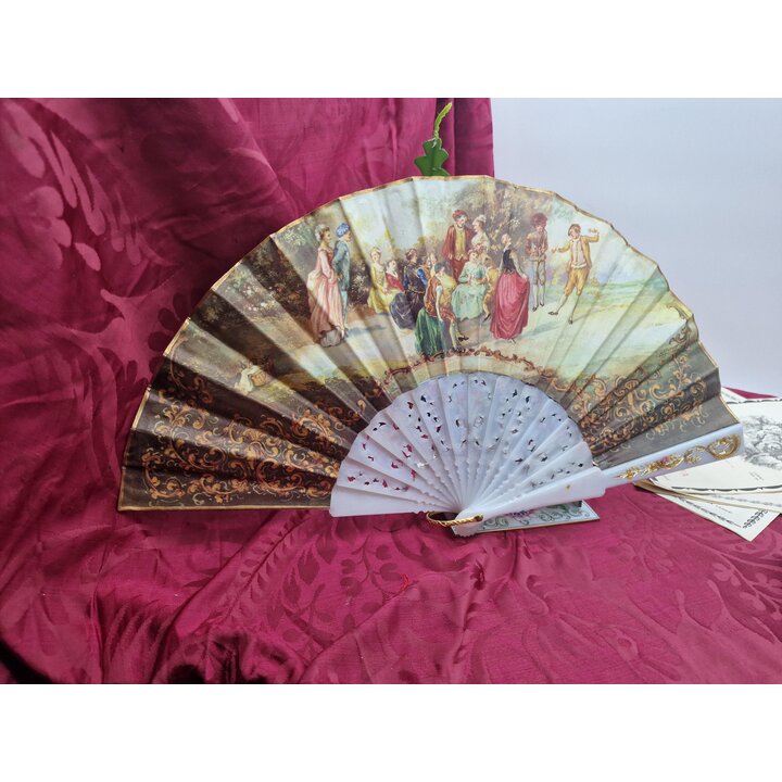 Wachlarz Hiszpański Vintage, Wachlarz Składany, Lata 1960, Dwustronny Bawełna, Sygnowany Diego i Moretti, Ażurowe Pióra, 23 cm