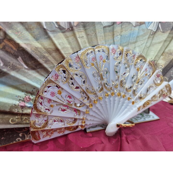 Abanico Plegable Español Vintage, Abanico de Mano, Años 1960, Doble Cara Algodón, Firmado Diego y Moretti, Varillas Caladas, 23 