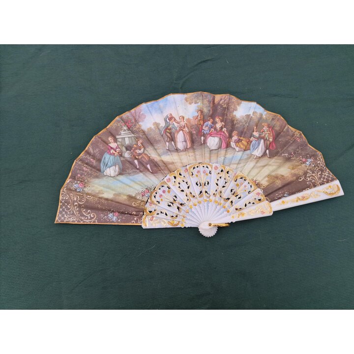 Abanico Plegable Español Vintage, Abanico de Mano, Años 1960, Doble Cara Algodón, Firmado Diego y Moretti, Varillas Caladas, 23 