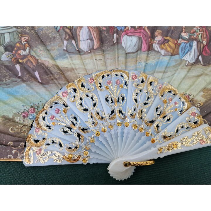 Vintage Spanish Folding Fan, Hand Fan, 1960s, Double Sided Print on Cotton, Signed Diego and Moretti, Pierced Gilt Sticks, 23 cm