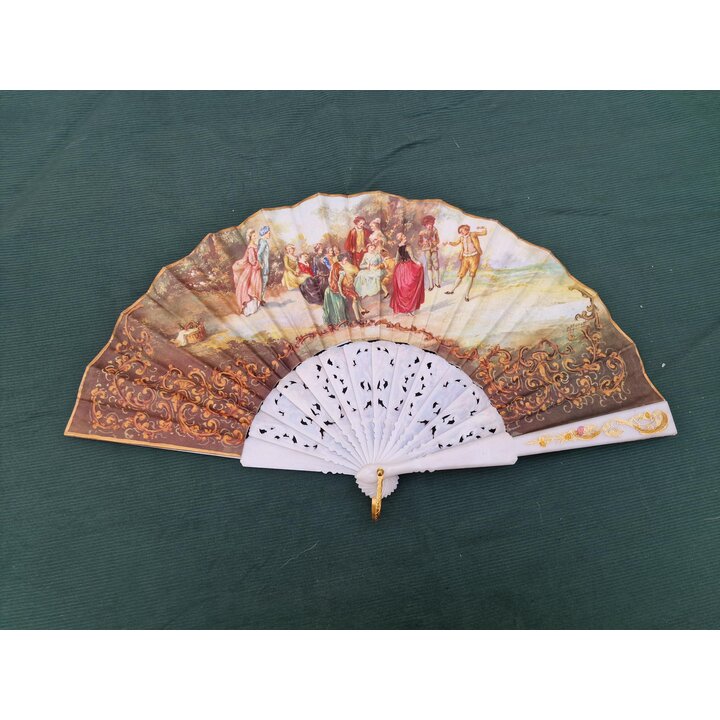 Spanischer Vintage Fächer, Handfächer, 1960er, Doppelseitig Baumwolle, Signiert Diego und Moretti, Durchbrochene Stäbe, 23 cm