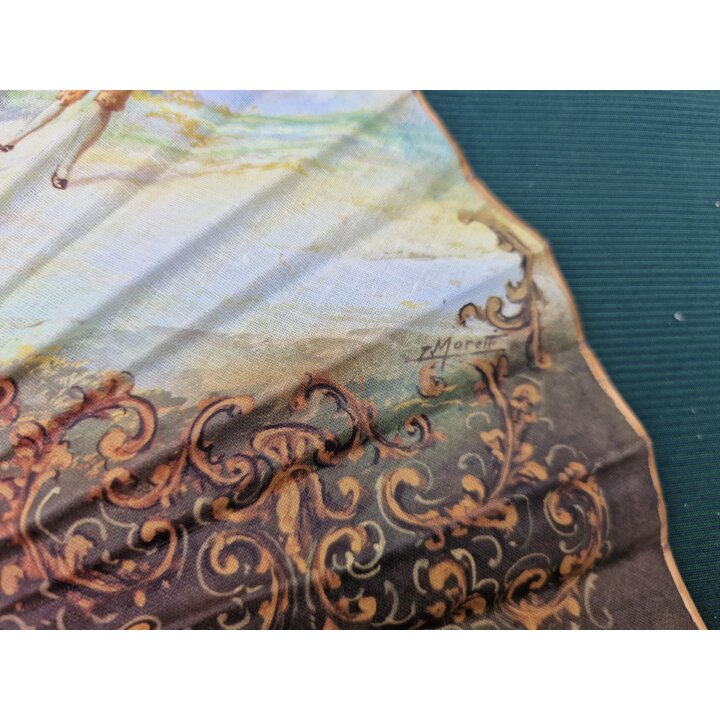 Abanico Plegable Español Vintage, Abanico de Mano, Años 1960, Doble Cara Algodón, Firmado Diego y Moretti, Varillas Caladas, 23 
