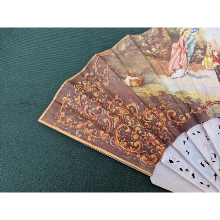Spanischer Vintage Fächer, Handfächer, 1960er, Doppelseitig Baumwolle, Signiert Diego und Moretti, Durchbrochene Stäbe, 23 cm