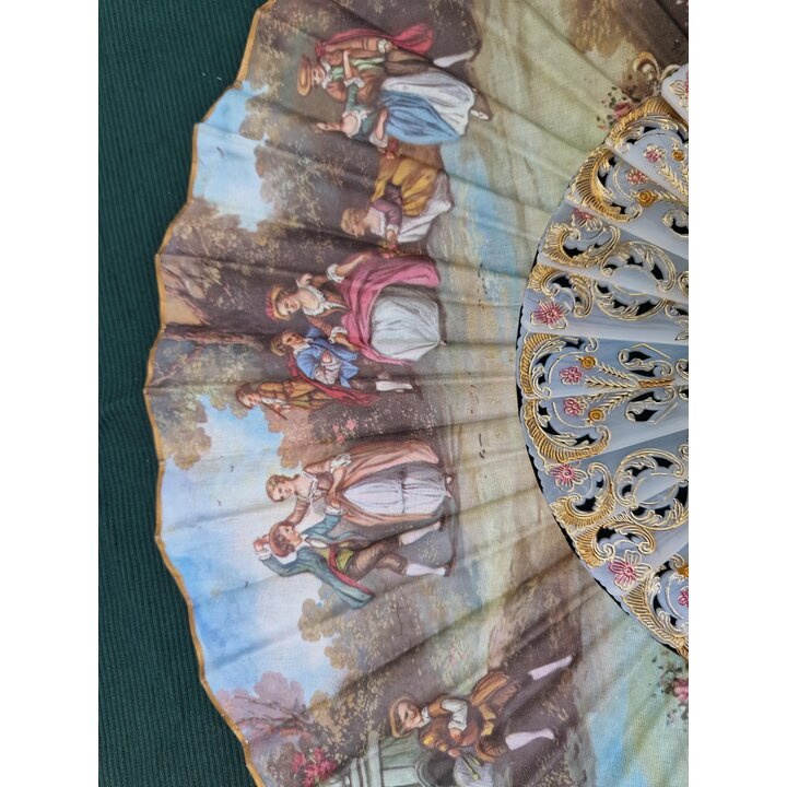 Wachlarz Hiszpański Vintage, Wachlarz Składany, Lata 1960, Dwustronny Bawełna, Sygnowany Diego i Moretti, Ażurowe Pióra, 23 cm