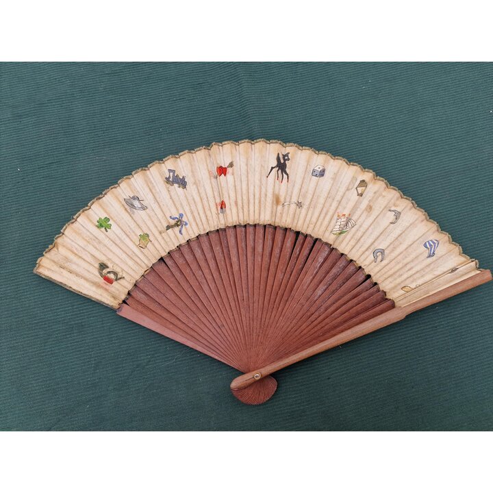 Vintage Childrens Folding Fan 1960s Wood and Fabric Hand Fan Bambi and Whimsical Motifs Small Hand Fan 19 cm