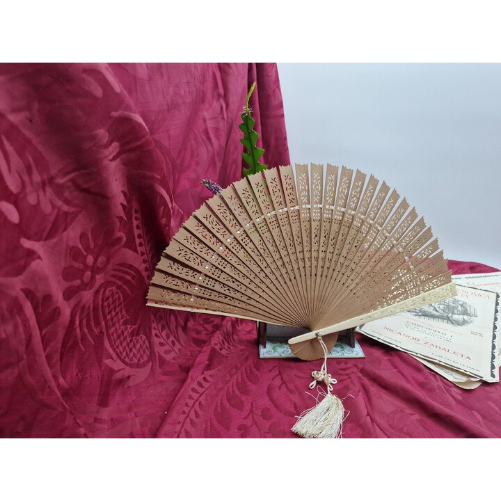 Antieke Japanse vouwwaaier, opengewerkte Sukashibori houten waaier met houten kist, Showa periode kunst verzamelobject cadeau vo