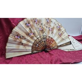 Vintage Spaanse Handwaaier Abanico Jaren 60 Handbeschilderde Stof Imitatie Schildpad Goud Filigraan Vouwwaaier Spanje 24 cm
