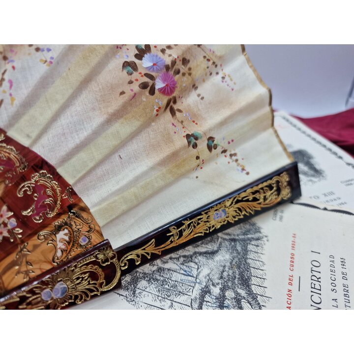 Leque Espanhol Vintage Abanico Anos 60 Tecido Pintado a Mao Imitacao Tartaruga Carey Dourado Leque Dobravel Espanha 24 cm