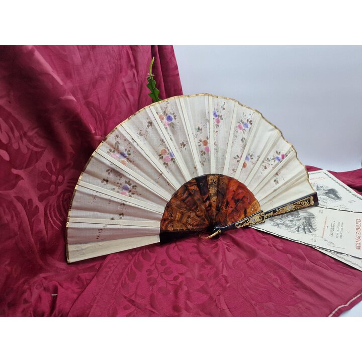 Hiszpanski Wachlarz Vintage Abanico Lata 60 Recznie Malowany Material Imitacja Szylkretu Zlocenia Wachlarz Skladany Hiszpania 24
