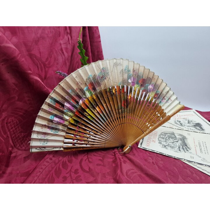 Vintage Hand Fan, Folding Handfan 1960s Spanish Painted Wood and Fabric, Floral Pansies Pattern Traditional Accessory, Length 23
