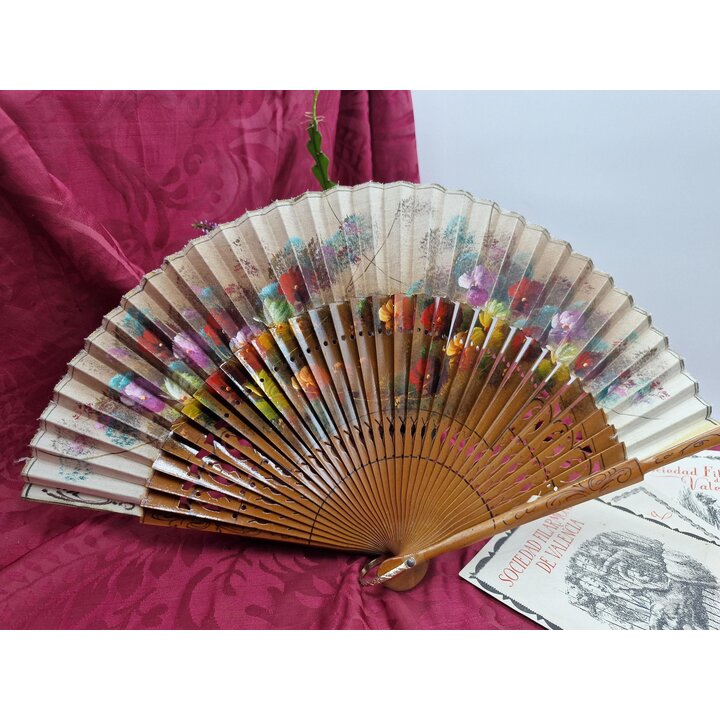 Ventaglio Vintage, Abanico Spagnolo in Legno e Stoffa Dipinto a Mano, Motivo Viole del Pensiero Accessorio Tradizionale, Lunghez