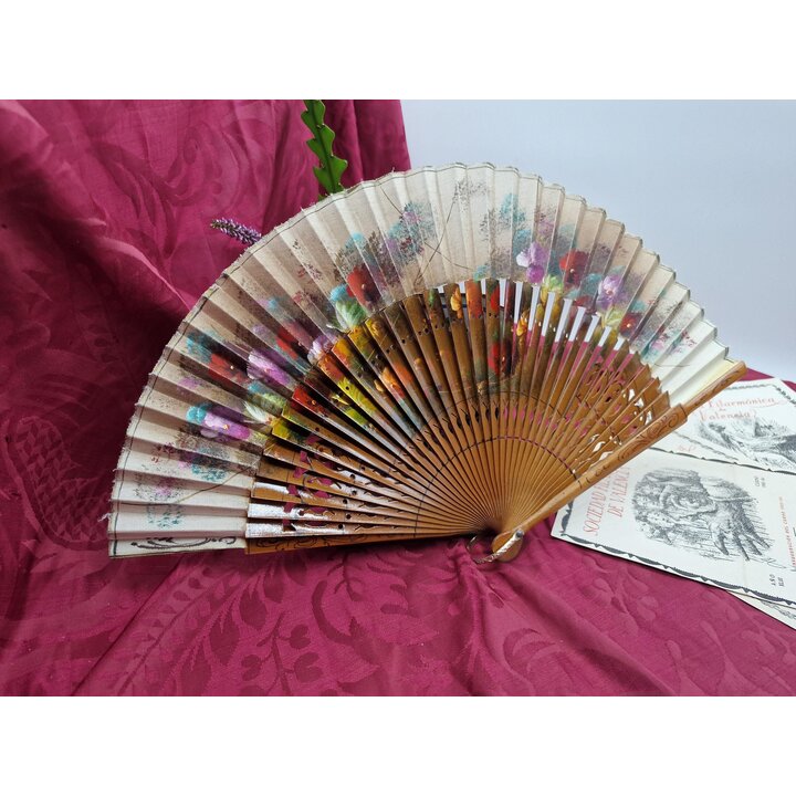 Facher Vintage, Spanischer Handfacher Holz und Stoff Handbemalt, Stiefmutterchen Blumen Muster Traditionelles Accessoire, Lange 