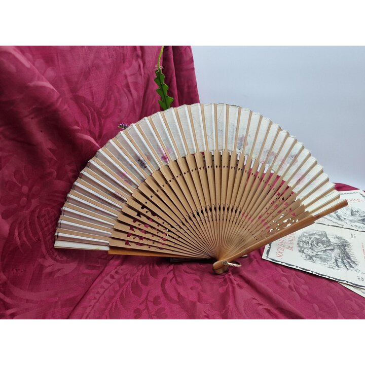 Ventaglio Vintage, Abanico Spagnolo in Legno e Stoffa Dipinto a Mano, Motivo Viole del Pensiero Accessorio Tradizionale, Lunghez