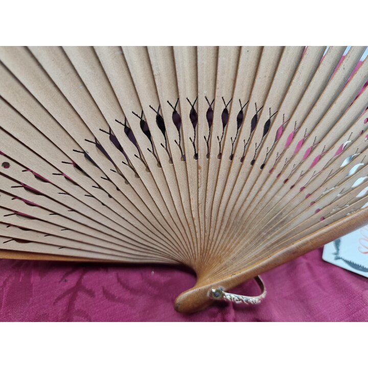 Vintage Handwaaier, Spaanse Waaier Hout en Stof Handgeschilderd, Viooltjes Bloemmotief Traditioneel Accessoire, Lengte 23 cm